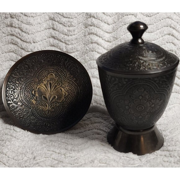 BEAUTIFUL Vintage 3pc BRONZE AntiqueBrass ETCHED 5"TrinketBox Lid 4"Saucer INDIA - Picture 11 of 16